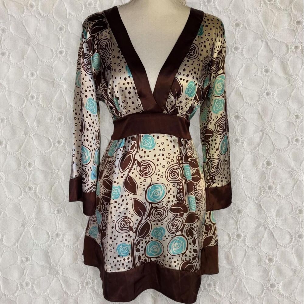 Rue 21 Brown Blue Satin Babydoll Mini Dress Tunic Top Vintage Y2K